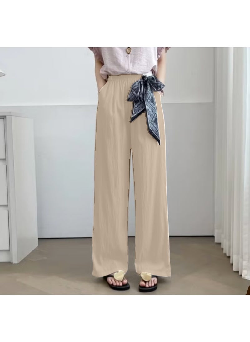 بنطلون بالازو واسع الساقين بمقاس حر، مزود بحزام خصر مطاطي وحزام وشاح مزخرف للنساء - Image 1